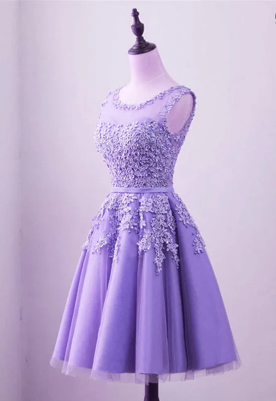 Purple Short Tulle Beaded Round Neckline Knee Length Party Dress, Junior Prom Dress