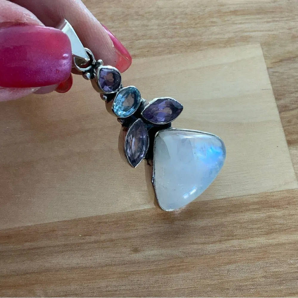 Rainbow Moonstone Amethyst & Blue Topaz Solid 925 Sterling Silver Pendant