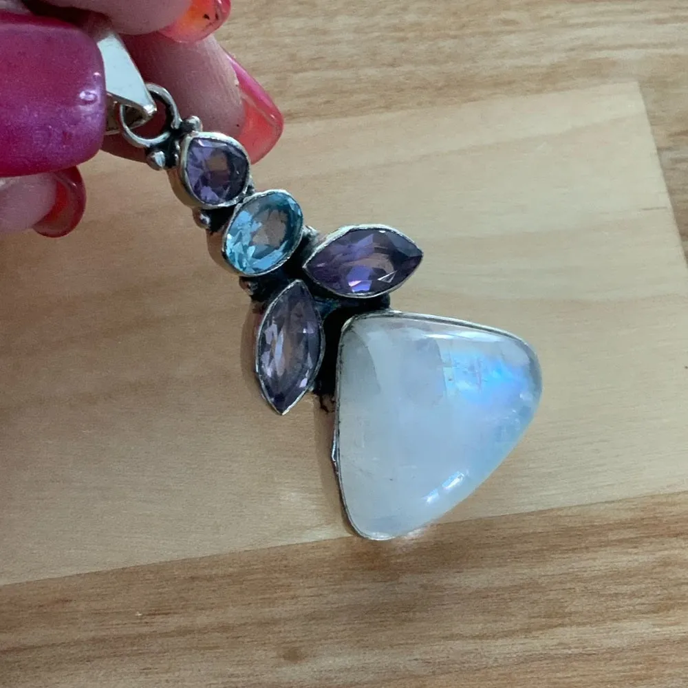 Rainbow Moonstone Amethyst & Blue Topaz Solid 925 Sterling Silver Pendant