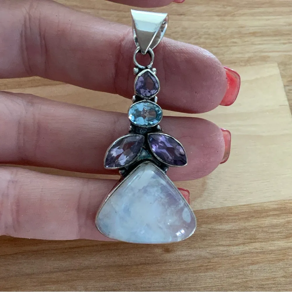 Rainbow Moonstone Amethyst & Blue Topaz Solid 925 Sterling Silver Pendant