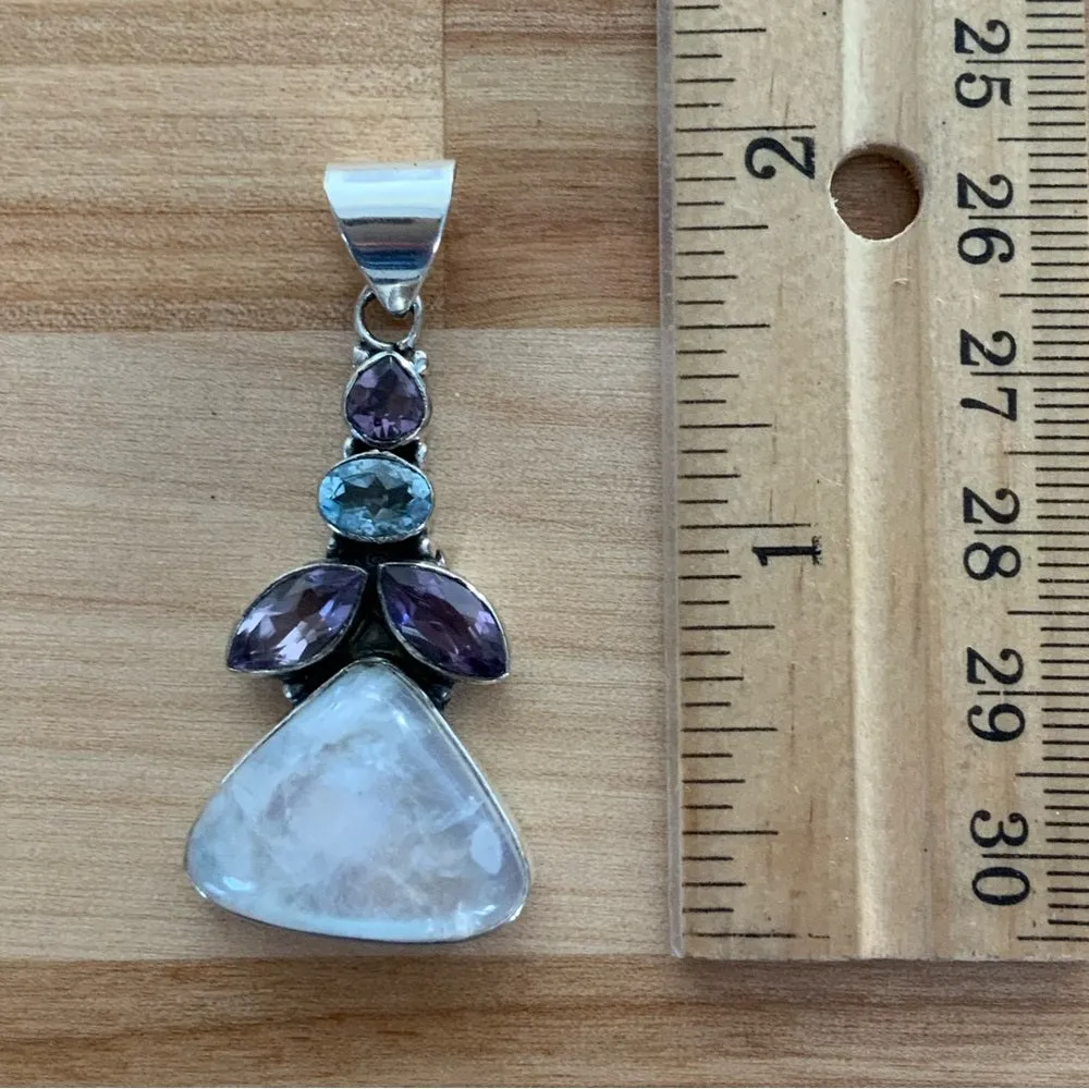 Rainbow Moonstone Amethyst & Blue Topaz Solid 925 Sterling Silver Pendant