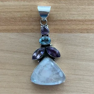 Rainbow Moonstone Amethyst & Blue Topaz Solid 925 Sterling Silver Pendant