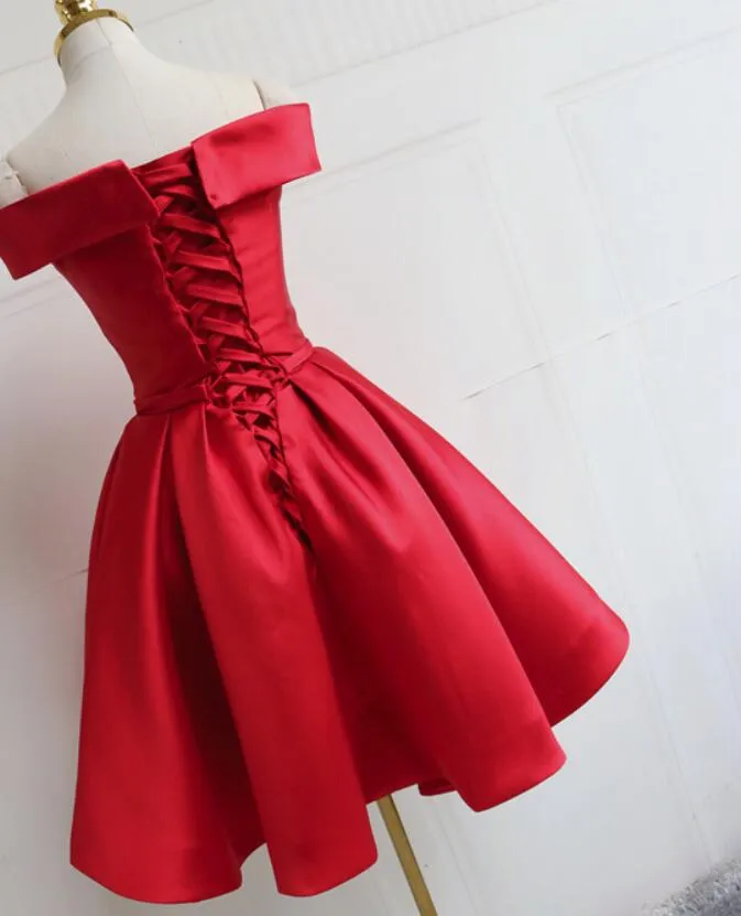 Red Satin Pretty Off Shoulder Knee Length Party Dress , Pretty Party Dress