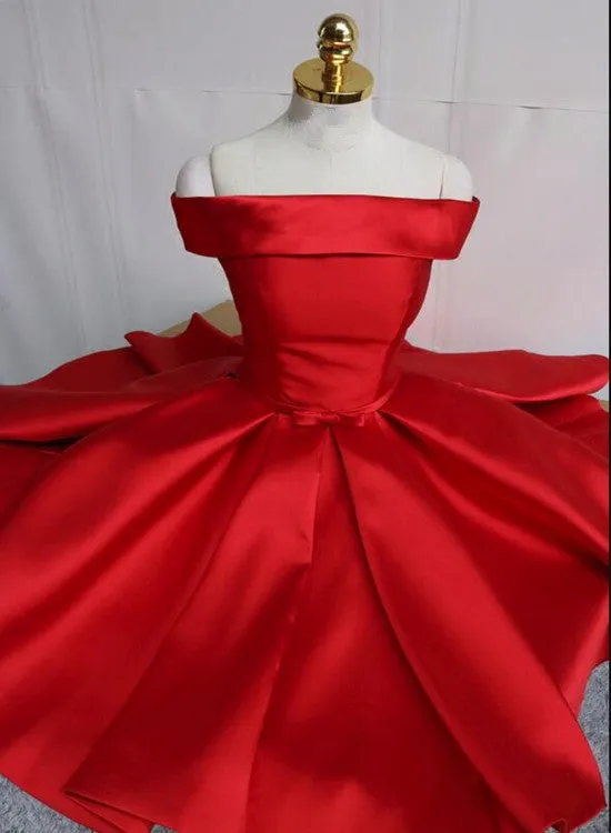 Red Satin Pretty Off Shoulder Knee Length Party Dress , Pretty Party Dress