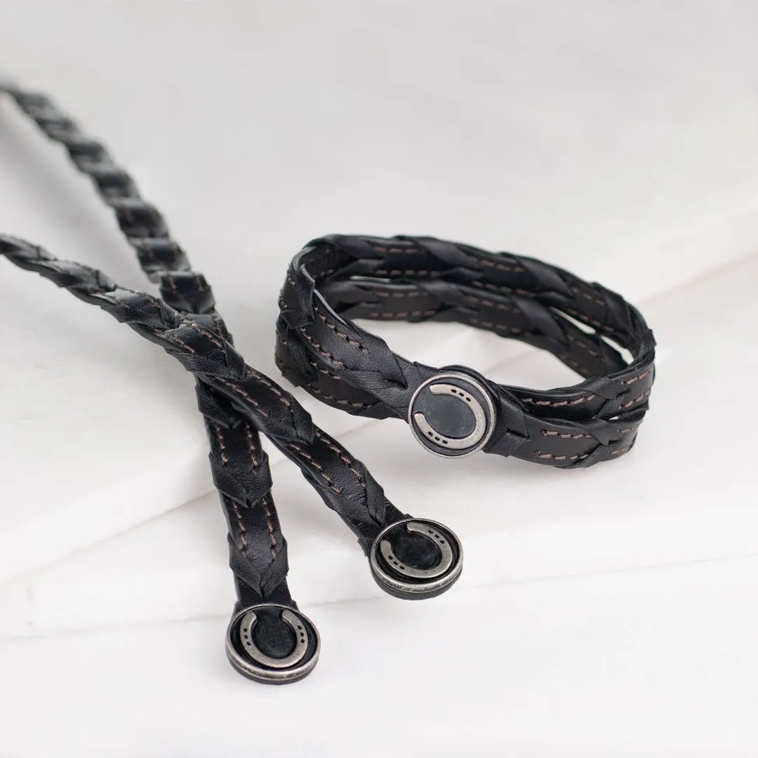 Rialto - Double Wrap Pewter Brass Horseshoe Snap Italian Leather Black Bracelet