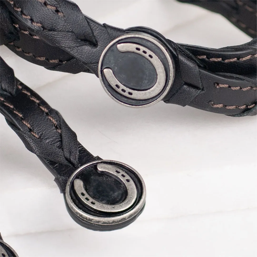Rialto - Double Wrap Pewter Brass Horseshoe Snap Italian Leather Black Bracelet