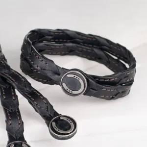 Rialto - Double Wrap Pewter Brass Horseshoe Snap Italian Leather Black Bracelet