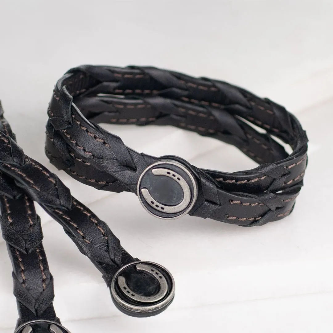 Rialto - Double Wrap Pewter Brass Horseshoe Snap Italian Leather Black Bracelet