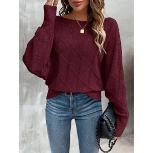 Ribbed knit crosshatch crewneck sweater batwing burgundy