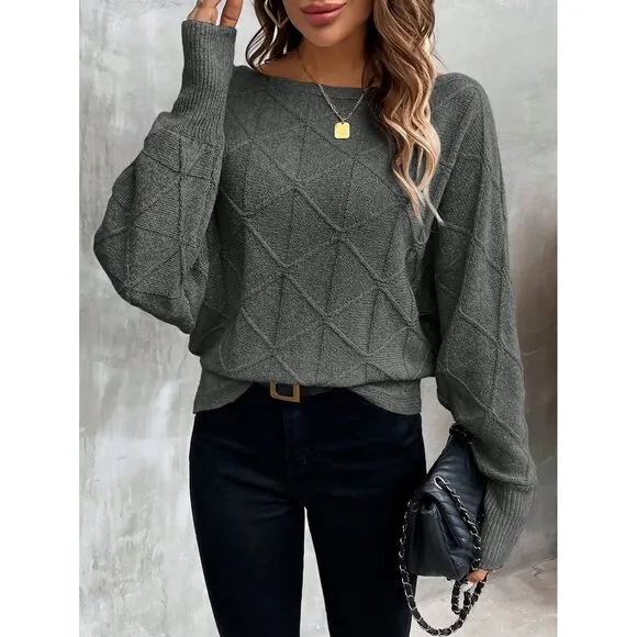 Ribbed knit crosshatch crewneck sweater batwing burgundy