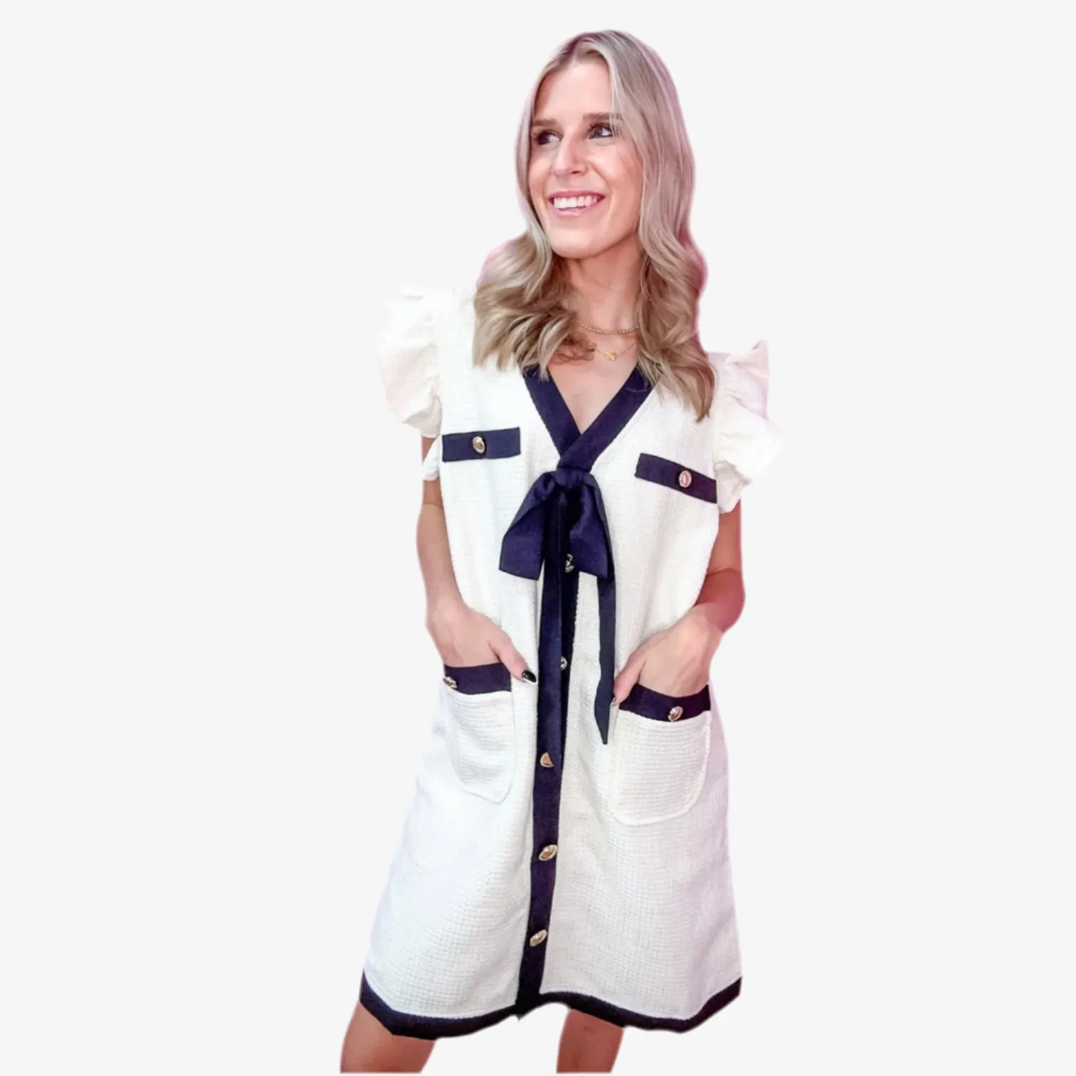 Ribbon Tweed Mini Dress Cream