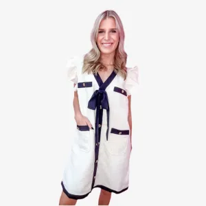 Ribbon Tweed Mini Dress Cream