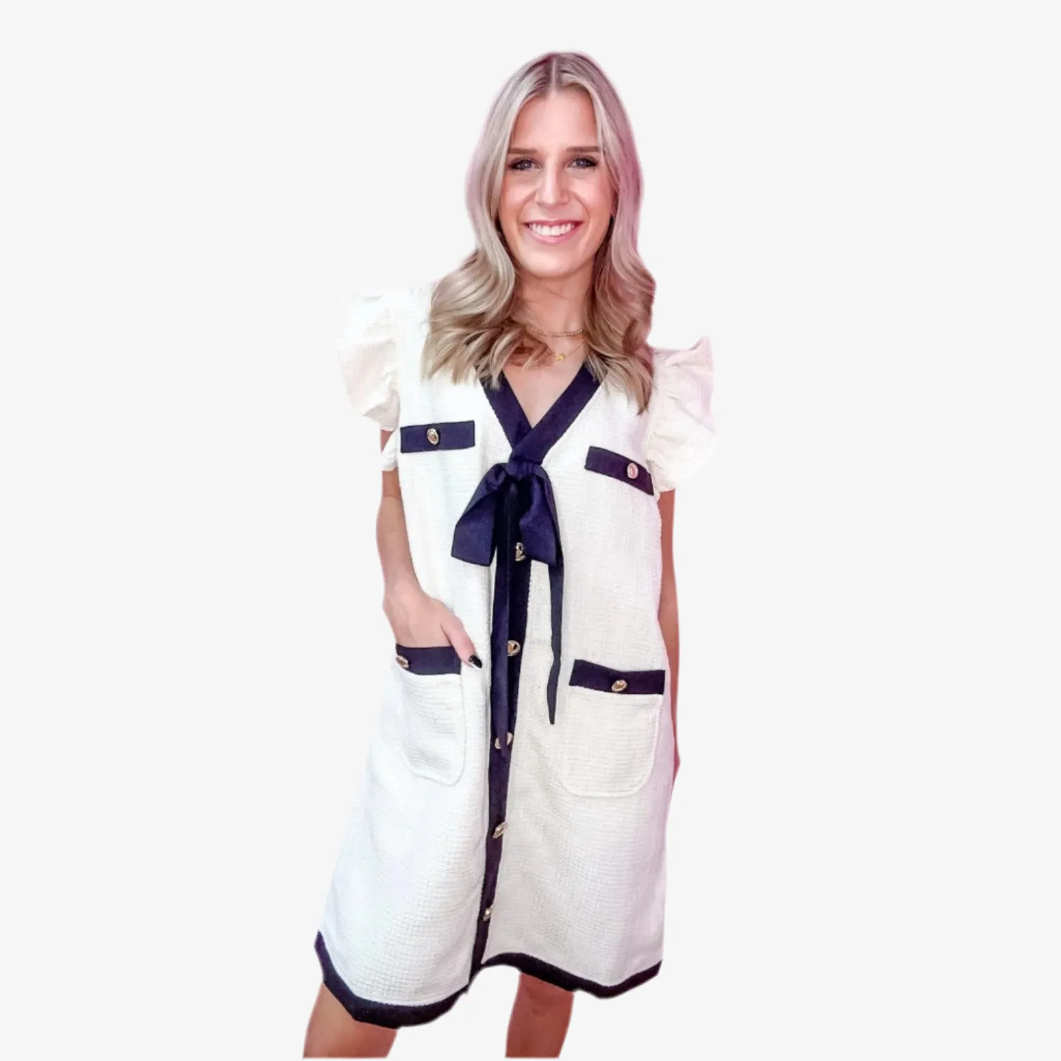 Ribbon Tweed Mini Dress Cream