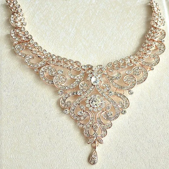 Rose Gold Crystal Bridal Jewelry Set. Rose Gold Rhinestone Wedding Jewelry Set. V Shape Statement Crystal Bridal Bib Necklace Earrings Set.