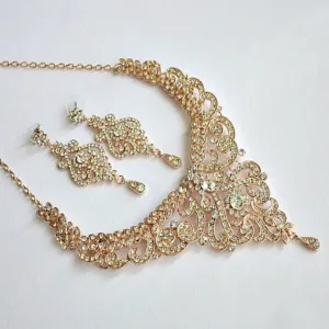 Rose Gold Crystal Bridal Jewelry Set. Rose Gold Rhinestone Wedding Jewelry Set. V Shape Statement Crystal Bridal Bib Necklace Earrings Set.