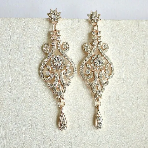 Rose Gold Crystal Bridal Jewelry Set. Rose Gold Rhinestone Wedding Jewelry Set. V Shape Statement Crystal Bridal Bib Necklace Earrings Set.