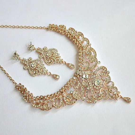 Rose Gold Crystal Bridal Jewelry Set. Rose Gold Rhinestone Wedding Jewelry Set. V Shape Statement Crystal Bridal Bib Necklace Earrings Set.