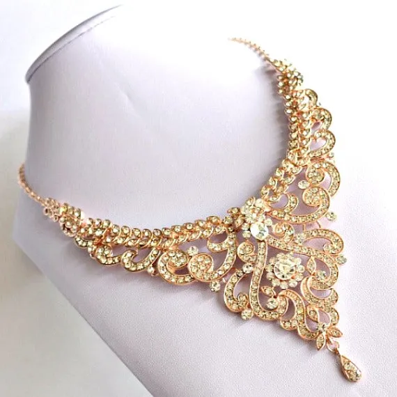 Rose Gold Crystal Bridal Jewelry Set. Rose Gold Rhinestone Wedding Jewelry Set. V Shape Statement Crystal Bridal Bib Necklace Earrings Set.