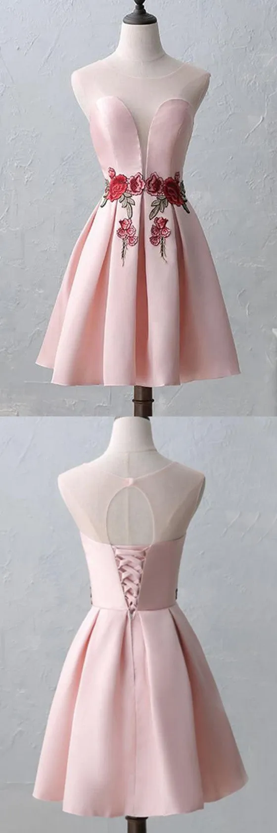 Round-Neck Pink Embroidery Cheap Open-back Sleeveless Homecoming Dresses, HD0368