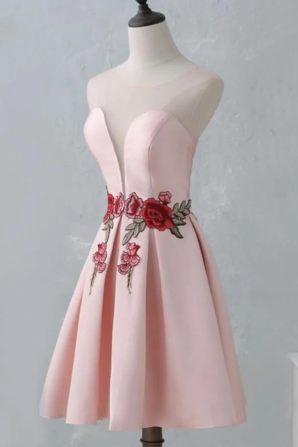Round-Neck Pink Embroidery Cheap Open-back Sleeveless Homecoming Dresses, HD0368