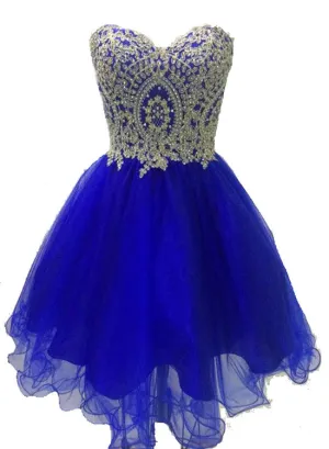 Royal Blue Tulle with Gold Applique, Short Prom Dress, Blue Homecoming Dresses