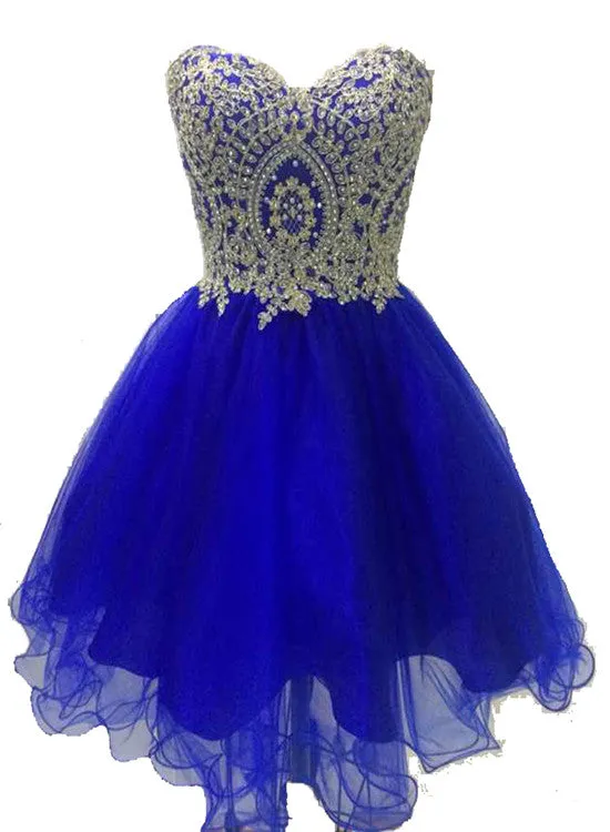 Royal Blue Tulle with Gold Applique, Short Prom Dress, Blue Homecoming Dresses