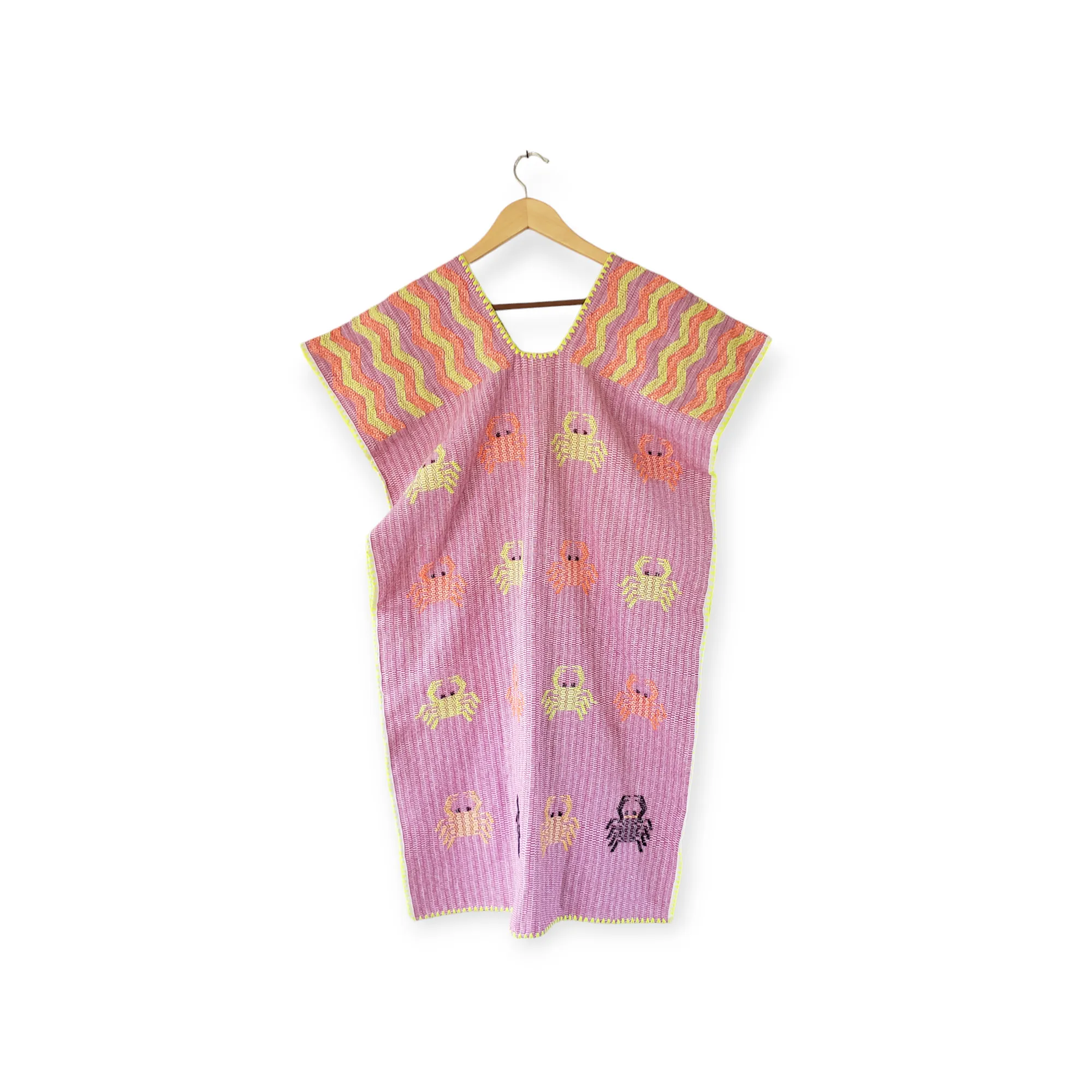 San Juan Colorado Huipil Mexican Kaftan - Pink with Crabs