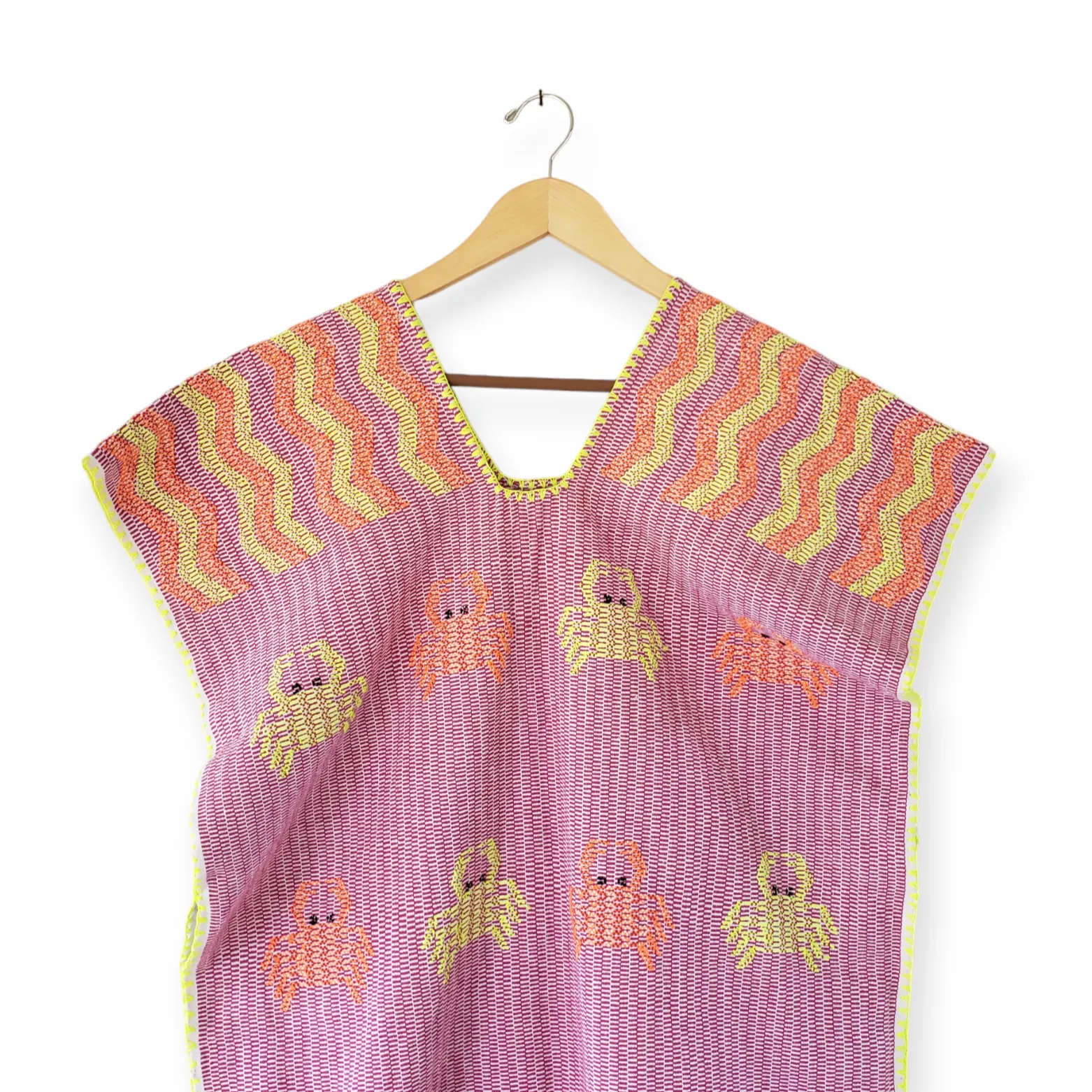 San Juan Colorado Huipil Mexican Kaftan - Pink with Crabs