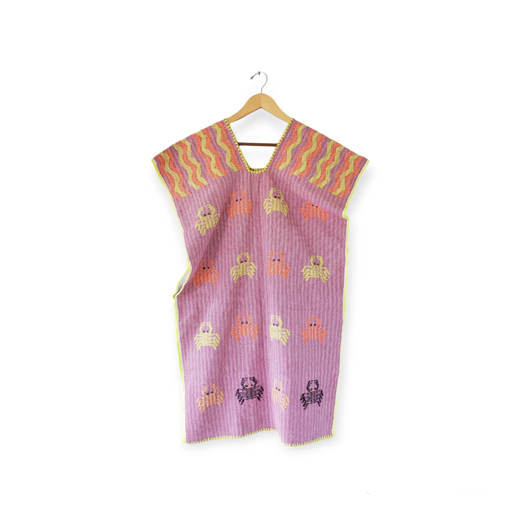 San Juan Colorado Huipil Mexican Kaftan - Pink with Crabs