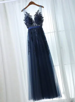 Sexy Navy Blue Tulle A-Line Scoop Floor-Length  Prom Dress with Appliques , Blue Formal Gowns