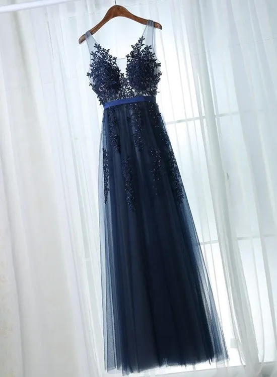 Sexy Navy Blue Tulle A-Line Scoop Floor-Length  Prom Dress with Appliques , Blue Formal Gowns