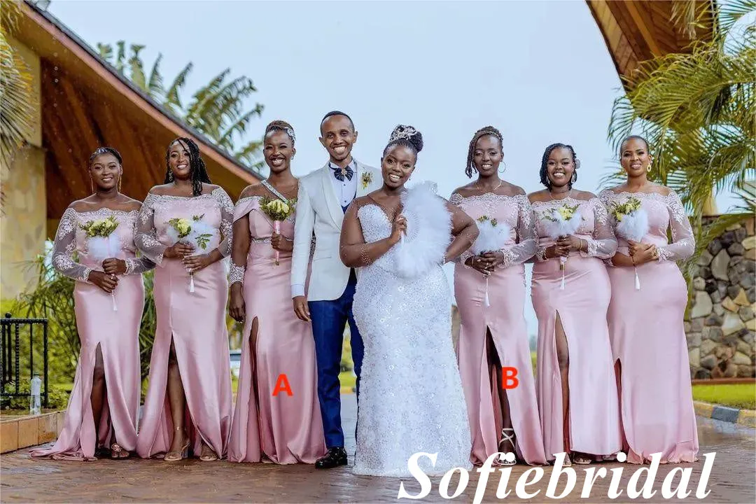 Sexy Pink Lace And Soft Satin Long Sleeves Side Slit Mermaid Floor Length Bridesmaid Dresses, SFWG00524