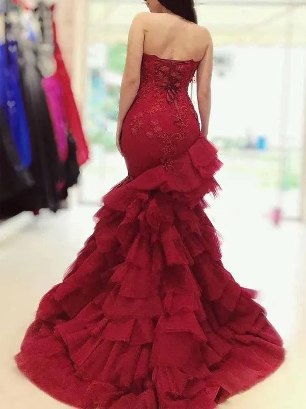 Sexy Red Sweetheart Strapless Mermaid Long Ruffle Pleats Long Prom Dress, PD3166