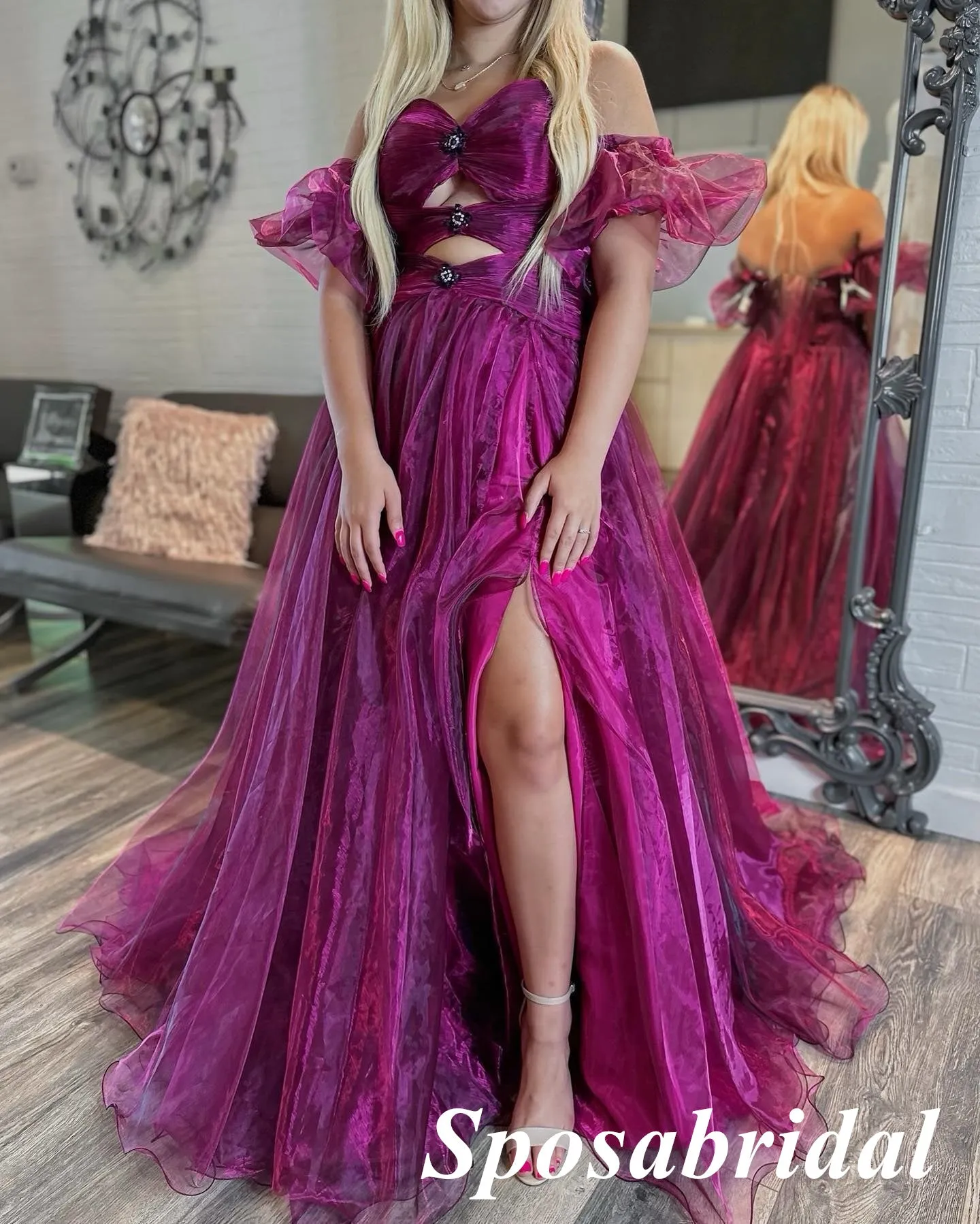 Sexy Special Fabric Sweetheart Side Slit A-Line Long Prom Dresses With Applique, PD3780