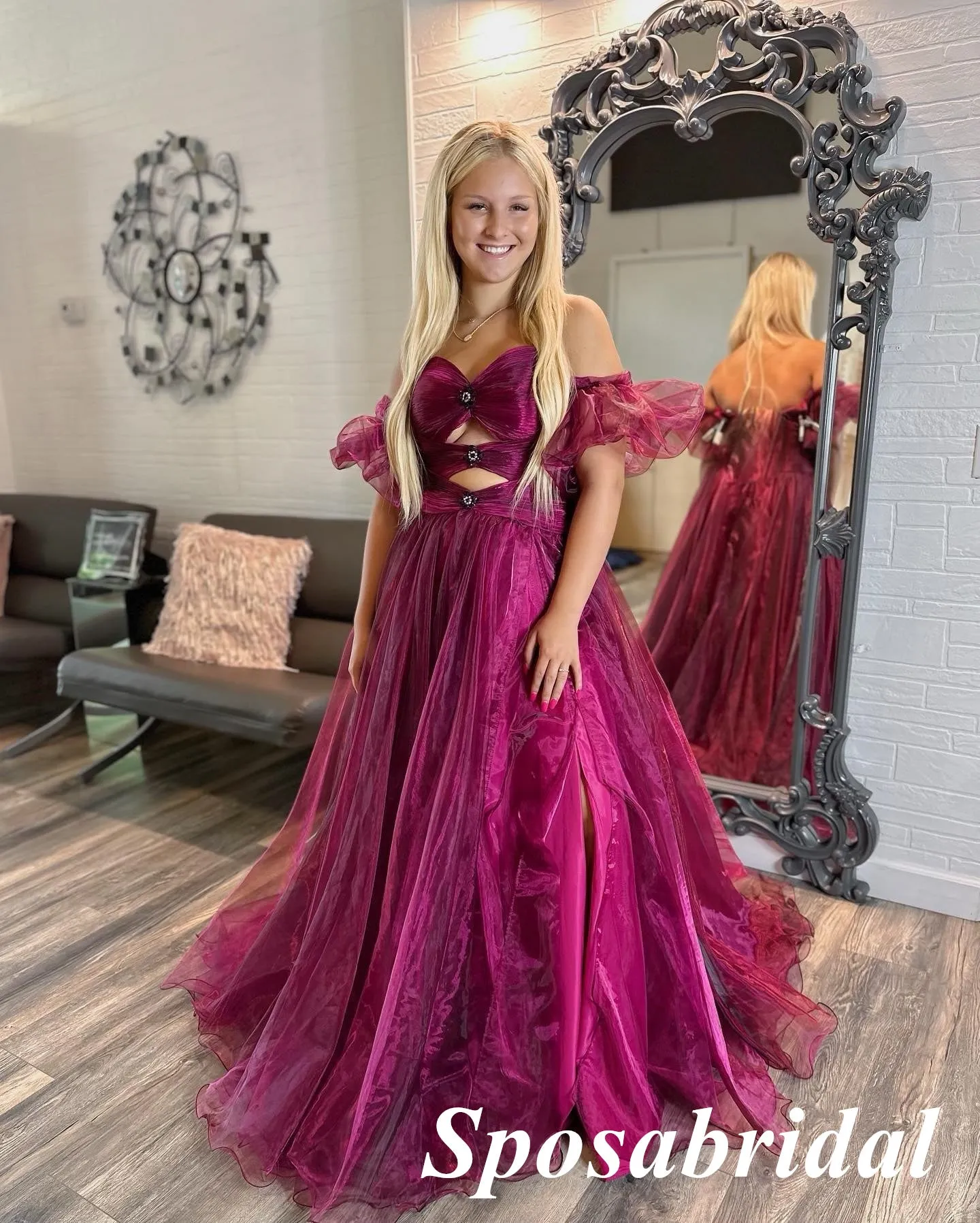 Sexy Special Fabric Sweetheart Side Slit A-Line Long Prom Dresses With Applique, PD3780