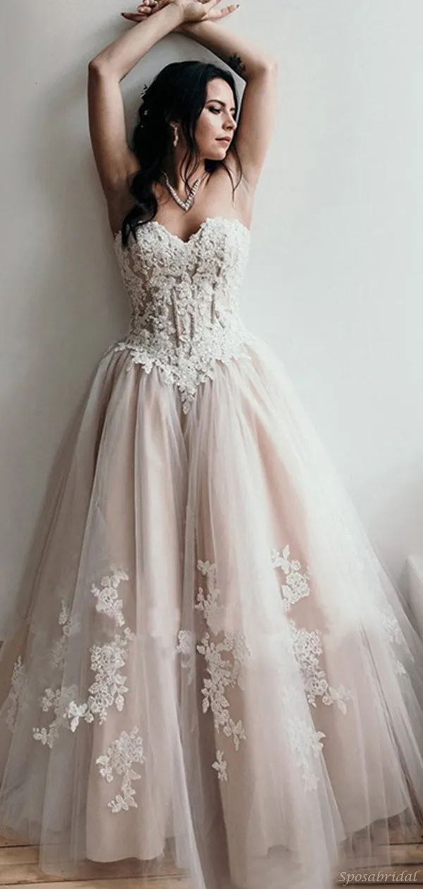 Sexy Strapless Sweetheart A-line Light Champagne Lace Top Elegant Prom Dress, PD3281