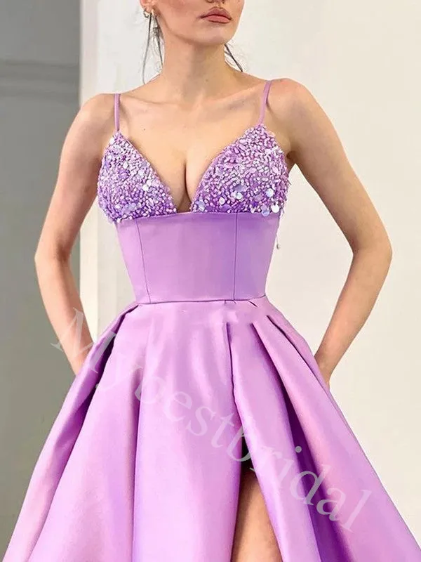 Sexy V-neck Sleeveless Side slit A-line Prom Dresses,PDS0944