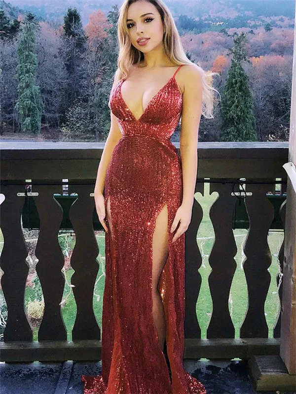 Sheath Spaghetti Straps V-neck Sexy Sequins Long Prom Dresses With Split, PD0765