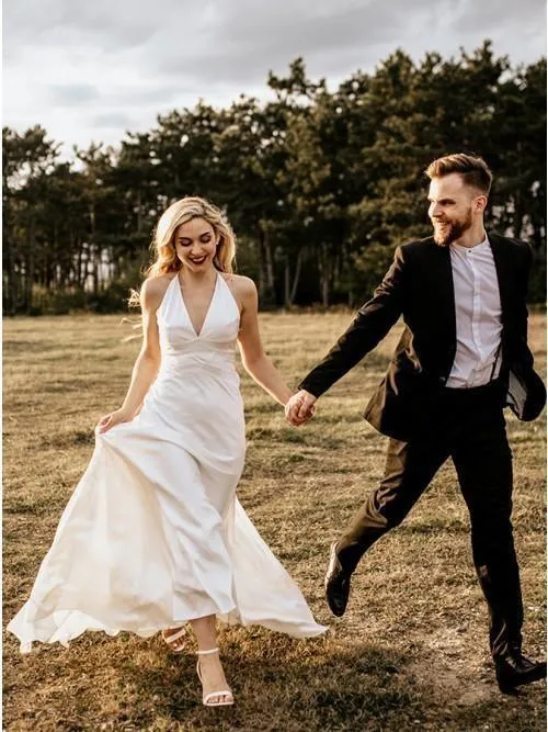 Sheath V-Neck Sweep Train Ivory Simple Wedding Dress Bridal Gown TN145