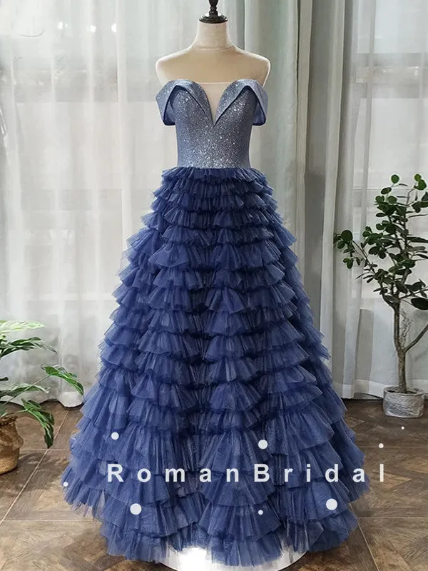 Shinny A-Line Off The Shoulder Tulle Floor Length Prom Dresses,RBPD0093