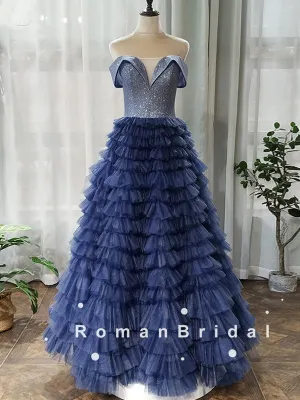 Shinny A-Line Off The Shoulder Tulle Floor Length Prom Dresses,RBPD0093