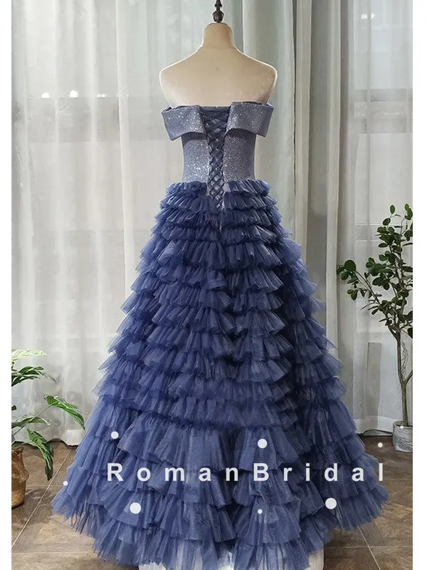 Shinny A-Line Off The Shoulder Tulle Floor Length Prom Dresses,RBPD0093