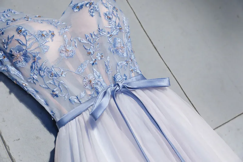 Short Blue Prom Dress A-line Homecoing Dress, V-neckline Prom Dress