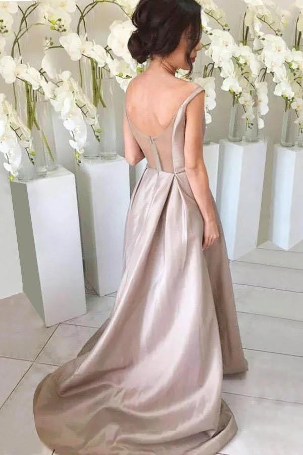 Simple V-neck Sleeveless High Low Sweep Train Silver Bridesmaid Dress BD061