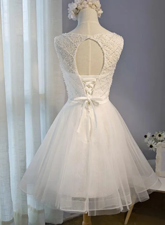 Simple White Tulle and Beaded Graduation Dress, White Party Dress, Graduation Party Dress