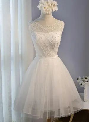 Simple White Tulle and Beaded Graduation Dress, White Party Dress, Graduation Party Dress