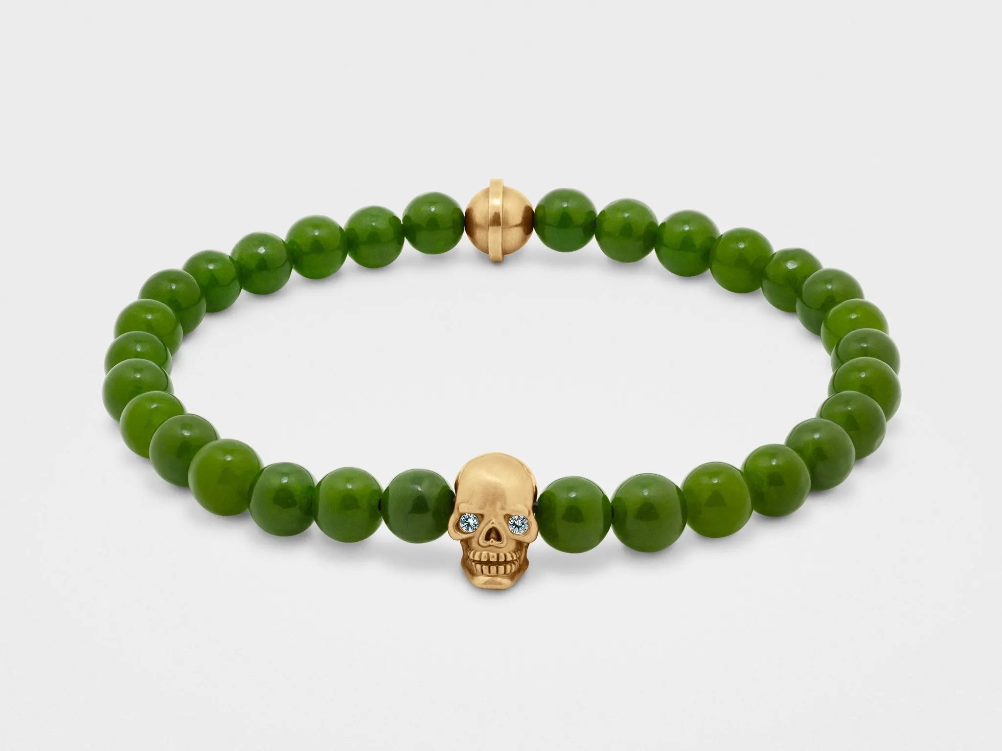 Skull Bracelet in 18K Gold with Diamond Eyes and Green Jade