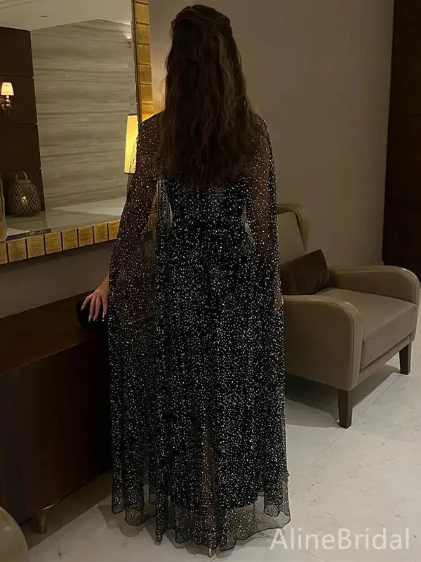 Sparkly Black Beadings A-line Long Prom Dress,PD38145