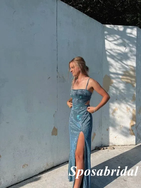 Sparkly Special Fabric Spaghetti Straps Sleeveless Side Slit Mermaid Long Prom Dresses, PD3868