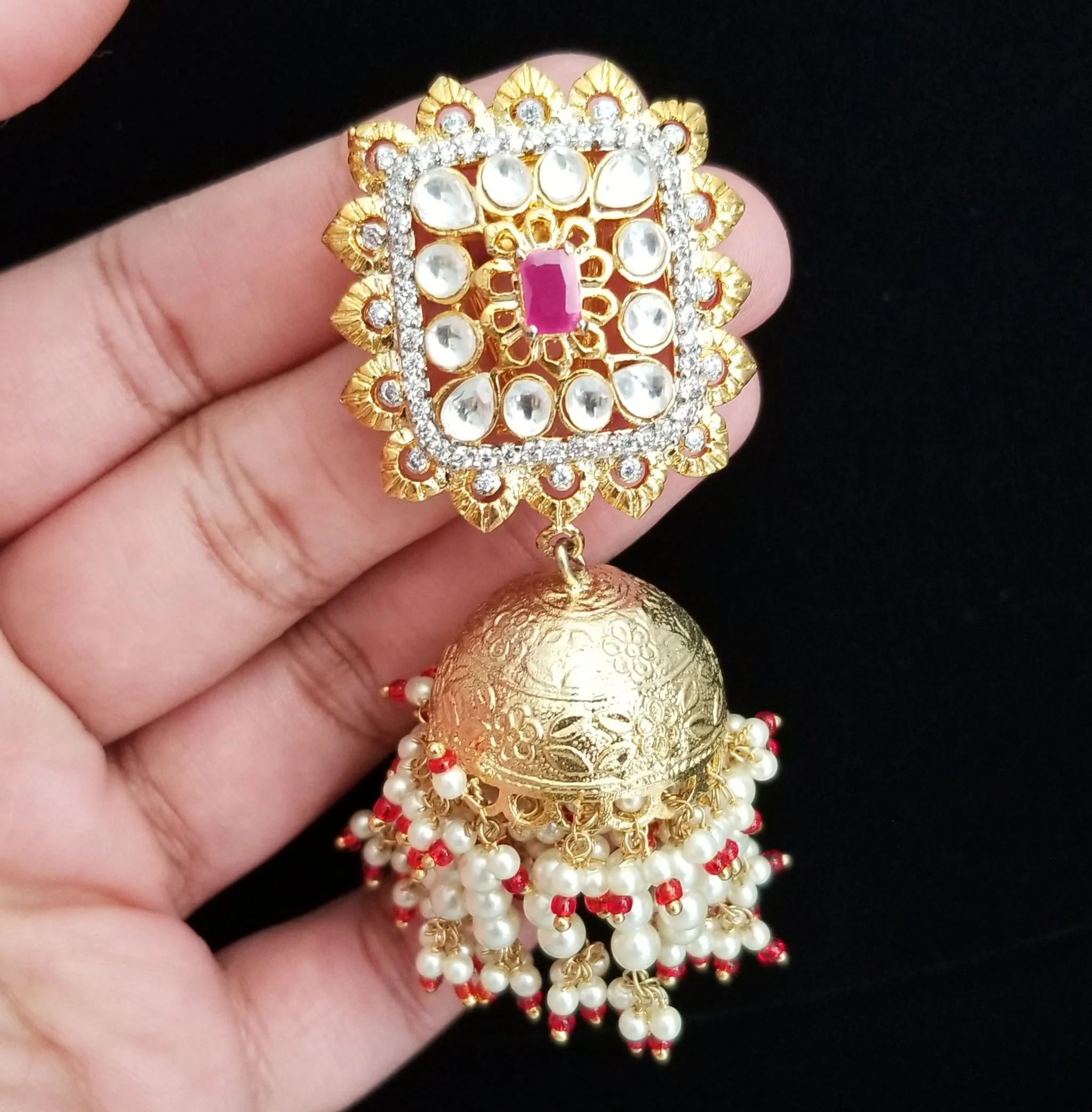 Statement Kundan Jhumkas With Pearl Drops